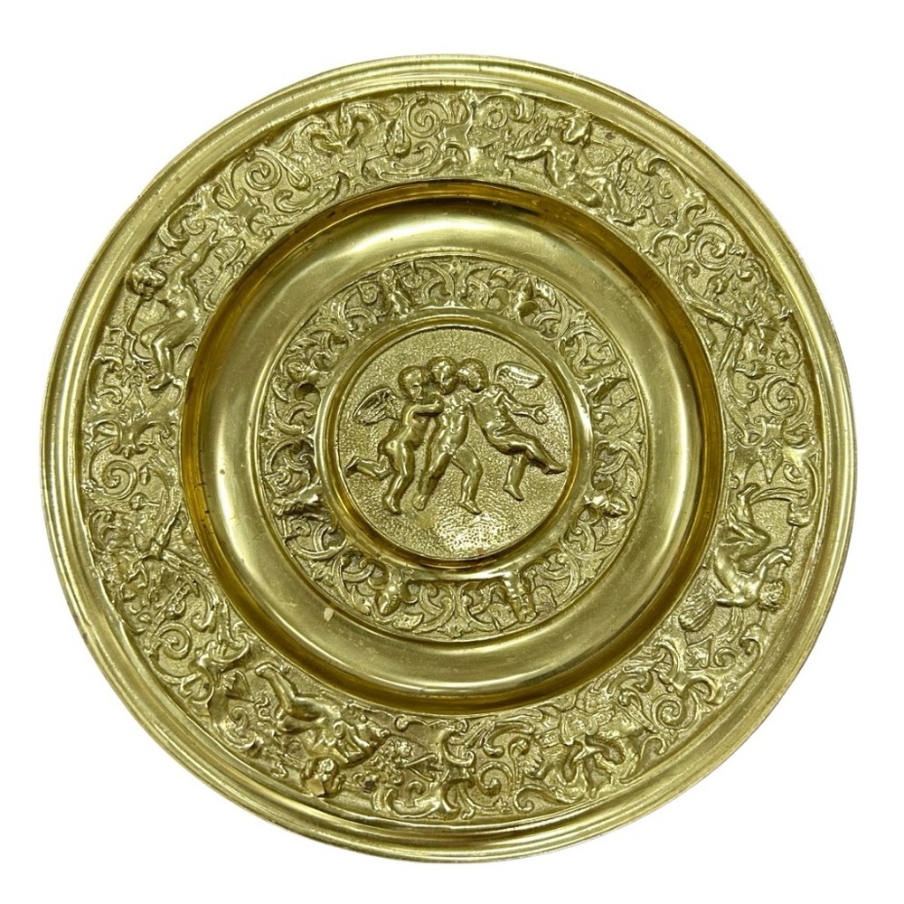 Italian Vintage Embossed Brass Wall Plate with Putti & Mythical Motifs